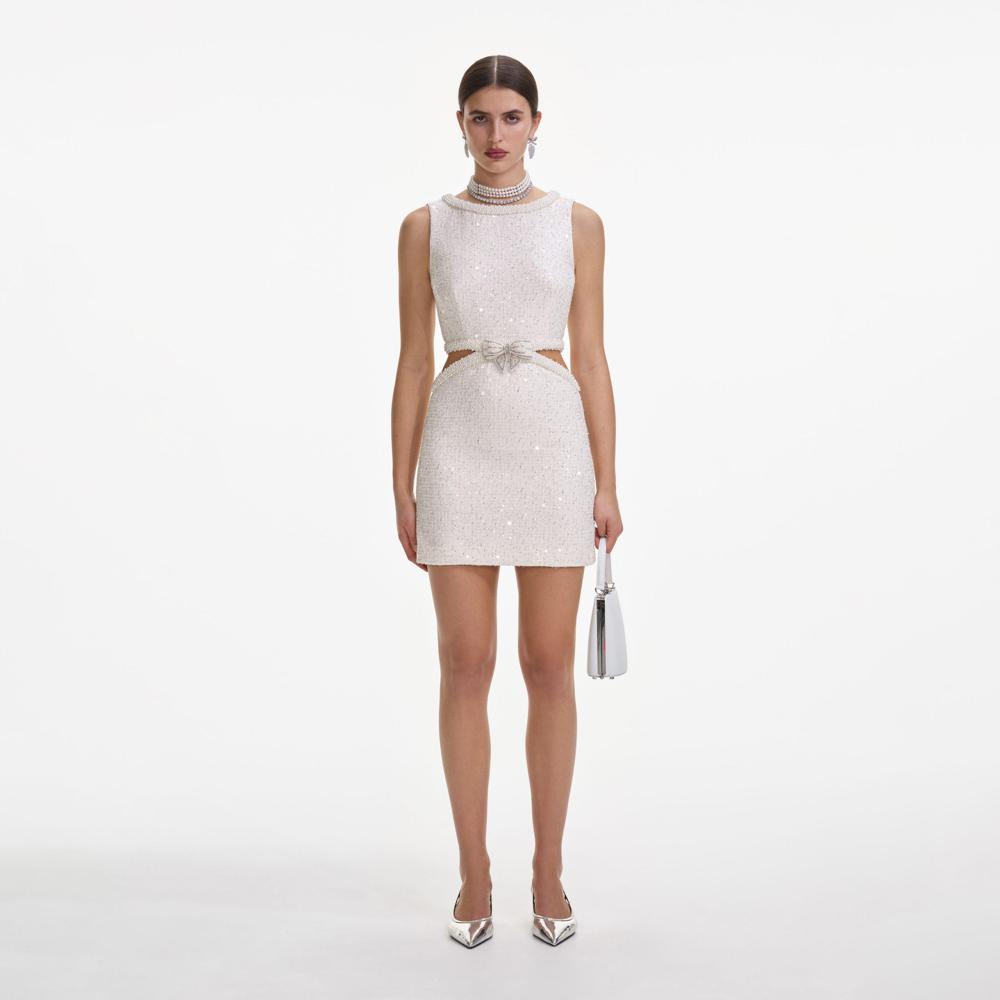 SP VIP PRICE Cream Boucle Pearl Mini Dress
