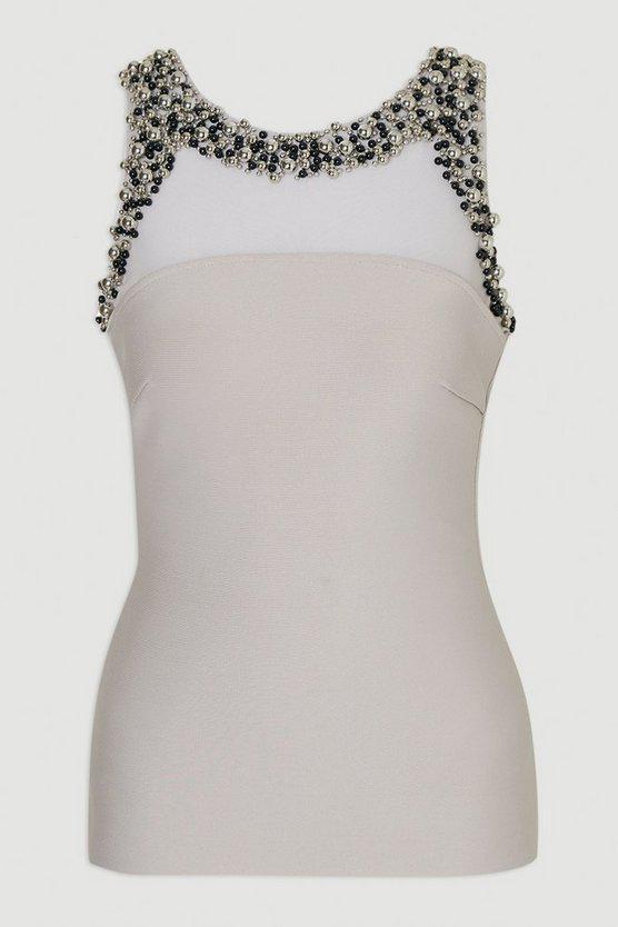 Karen Millen UK SALE Embellished Figure Form Bandage Sleeveless Knit Maxi Dress - pale grey