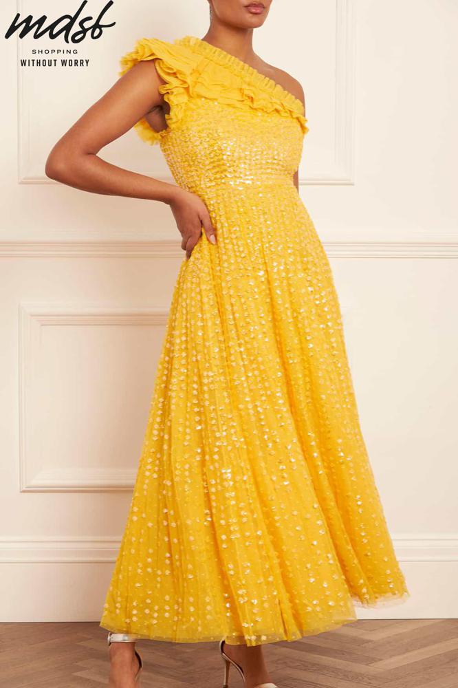 Needle & Thread CHRISTMAS SALE Raindrop One-Shoulder Ankle Gown - yellow