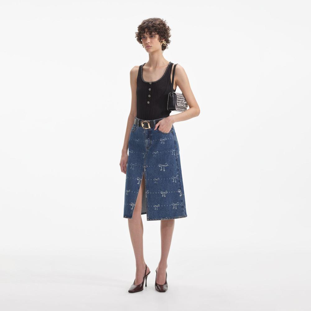 SELF PORTRAIT SS24 Bow Print Denim Midi Skirt