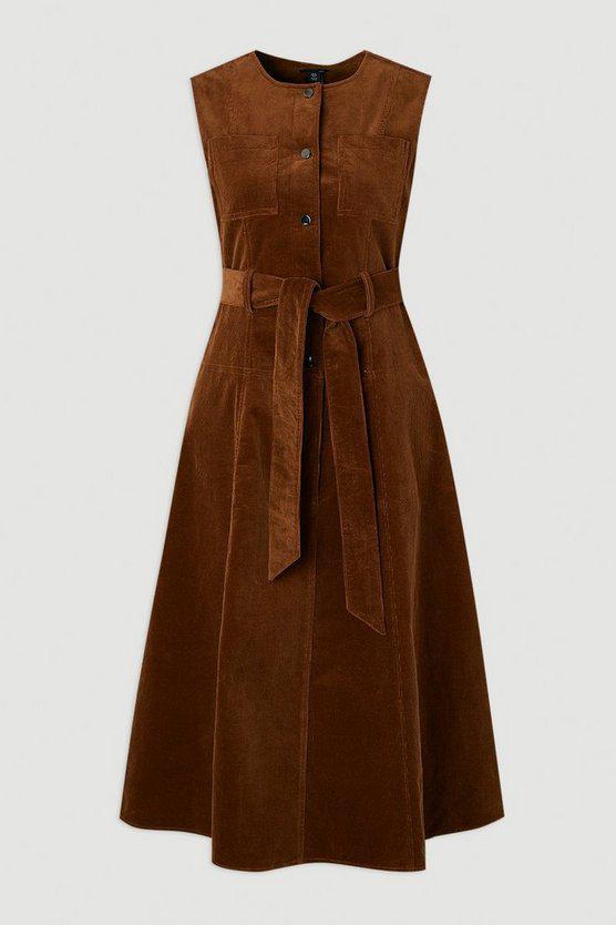 Karen Millen UK SALE Stretch Cord Belted Midi Dress - tan