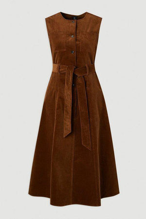 Karen Millen UK SALE Stretch Cord Belted Midi Dress - tan