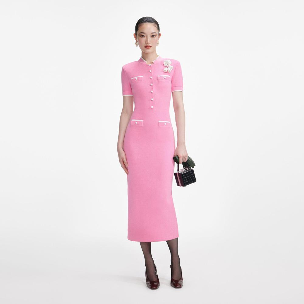 SP VIP PRICE Pink Crochet Flower Knit Midi Dress