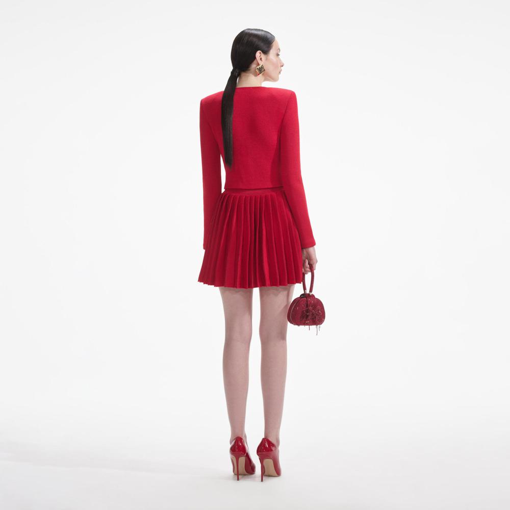 SELF PORTRAIT SS24 Red Pleated Knit Mini Skirt