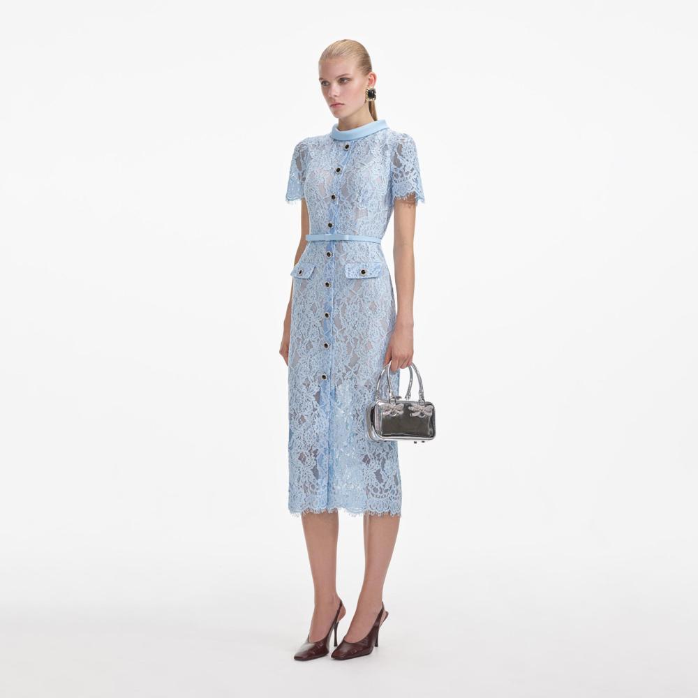 SELF PORTRAIT SS24 Blue Lace Button Midi Dress