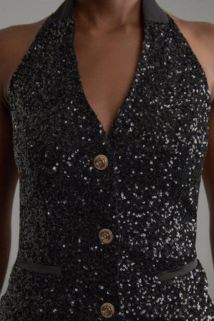 Karen Millen UK SALE Sequin Halter Neck Waistcoat - black