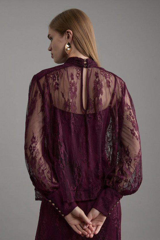 Karen Millen UK SALE Sheer Lace Balloon Sleeve Bow Detail Blouse - wine