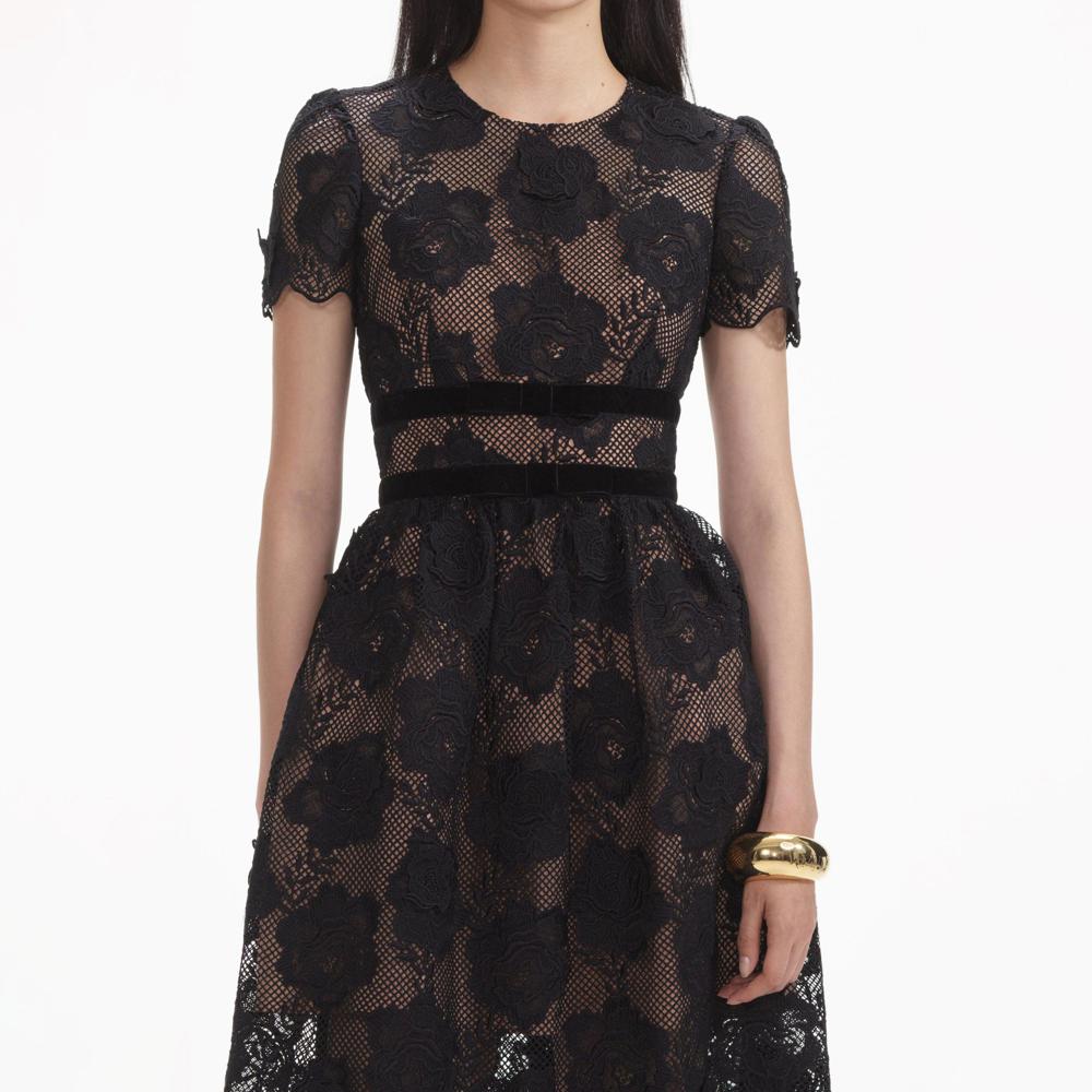 SELF PORTRAIT SS24 Black Lace Velvet Bow Midi Dress