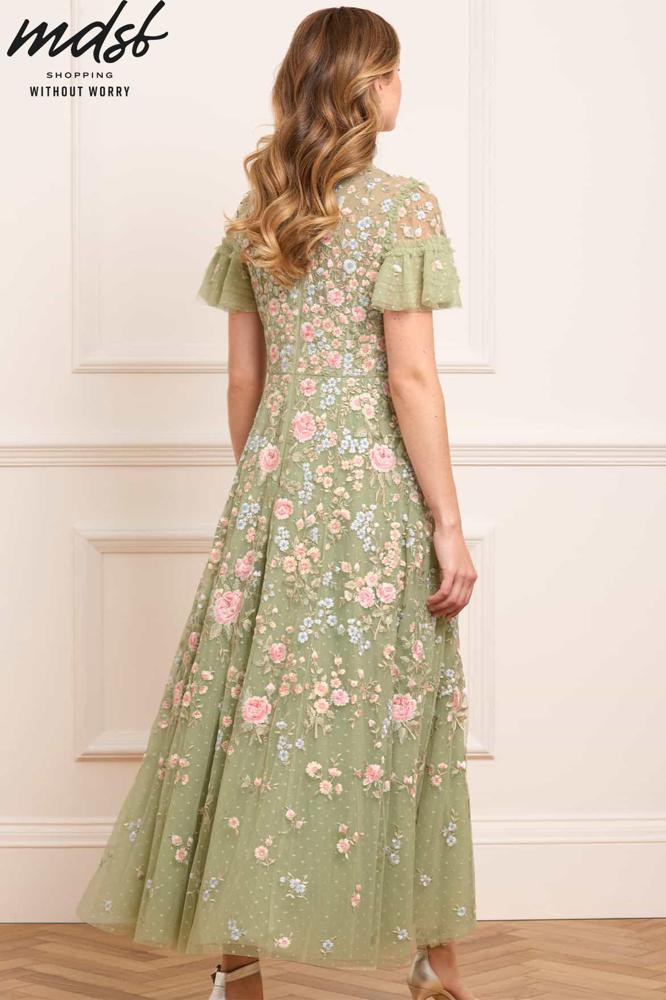 Needle & Thread PO and SALE Antoinettes Floral Round Neck Ankle Gown - green