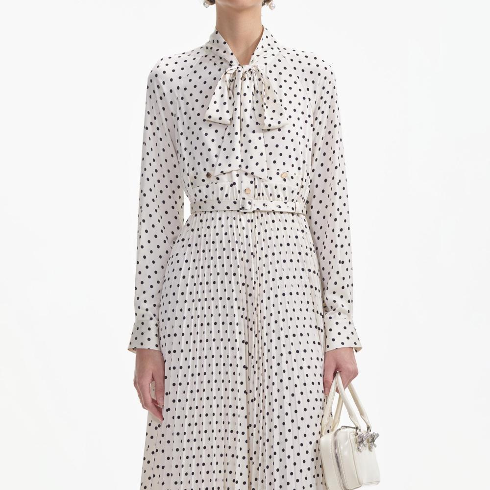 SELF PORTRAIT SS24 Cream Polka Dot Satin Midi Dress