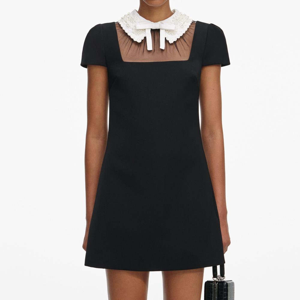 SP VIP PRICE Black Crepe Bow Collar Mini Dress
