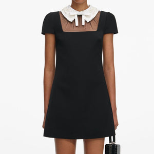 SP VIP PRICE Black Crepe Bow Collar Mini Dress