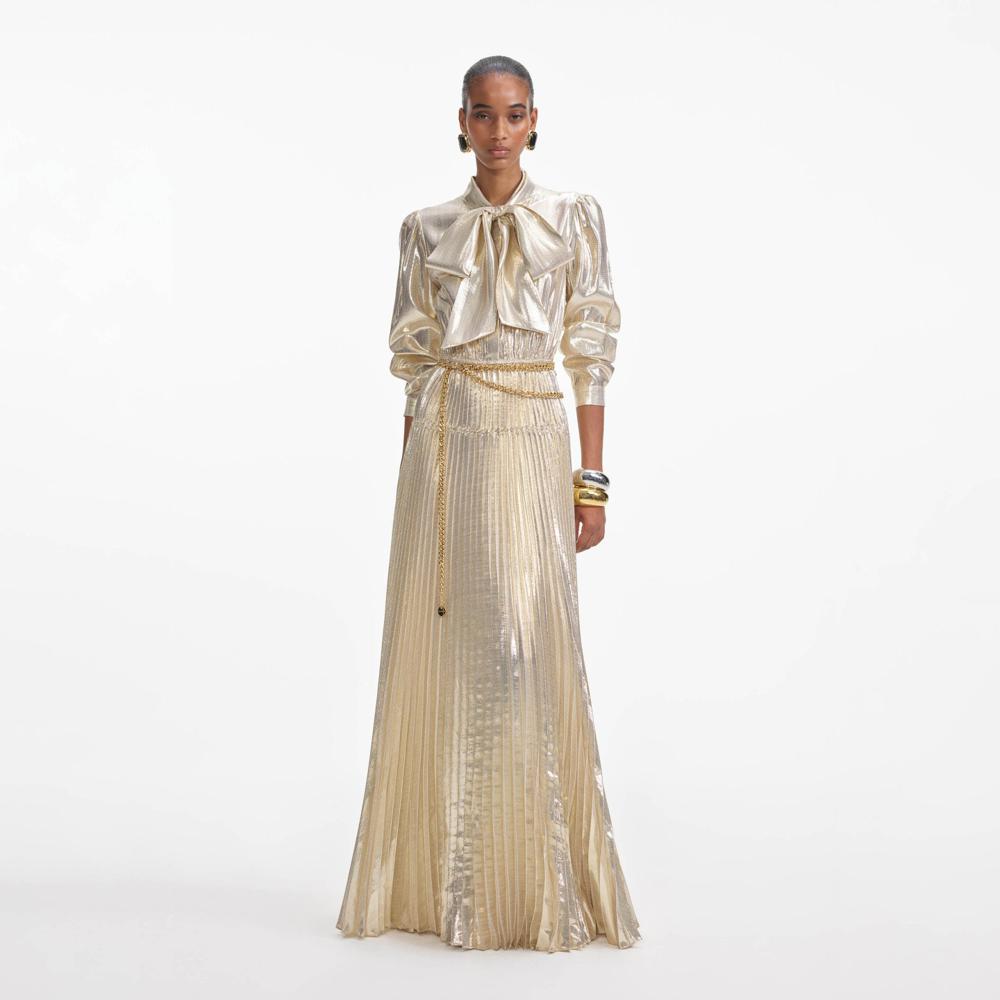 SELF PORTRAIT VIP SS24 Gold Metallic Pussy Bow Maxi Dress