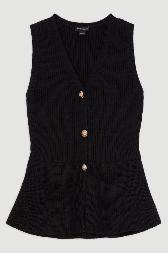 Karen Millen UK SALE Ribbed Cotton Knitted Waistcoat - black