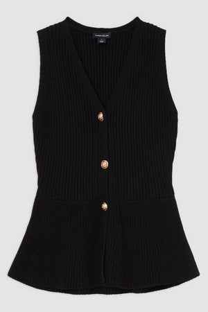 Karen Millen UK SALE Ribbed Cotton Knitted Waistcoat - black
