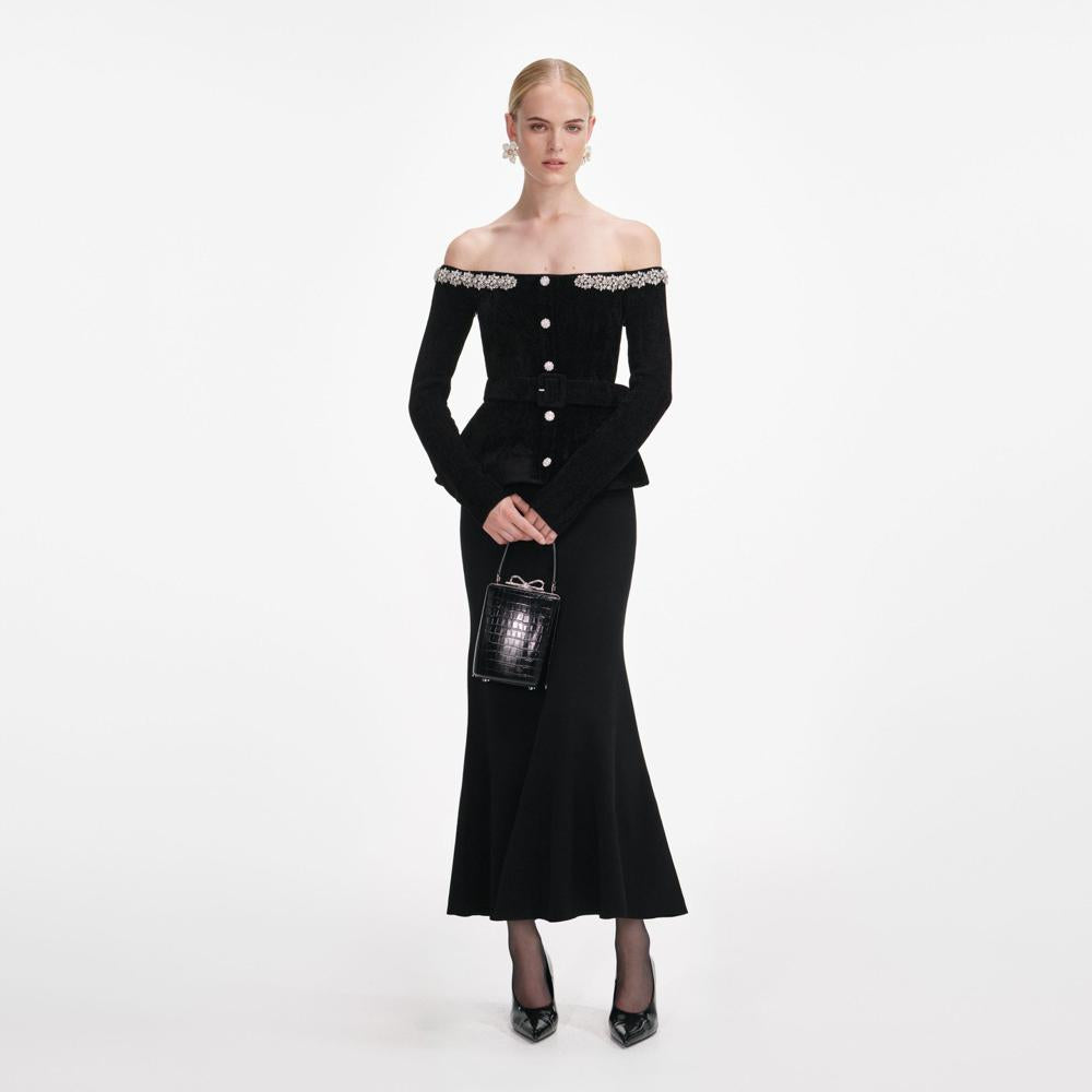 SP VIP PRICE Black Chenille Knit Crystal Trim Midi Dress