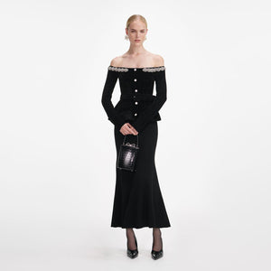 SP VIP PRICE Black Chenille Knit Crystal Trim Midi Dress