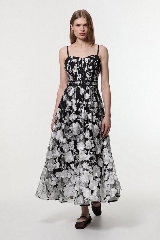 Karen Millen UK SALE Floral Applique Corset Detail Woven Midi Dress