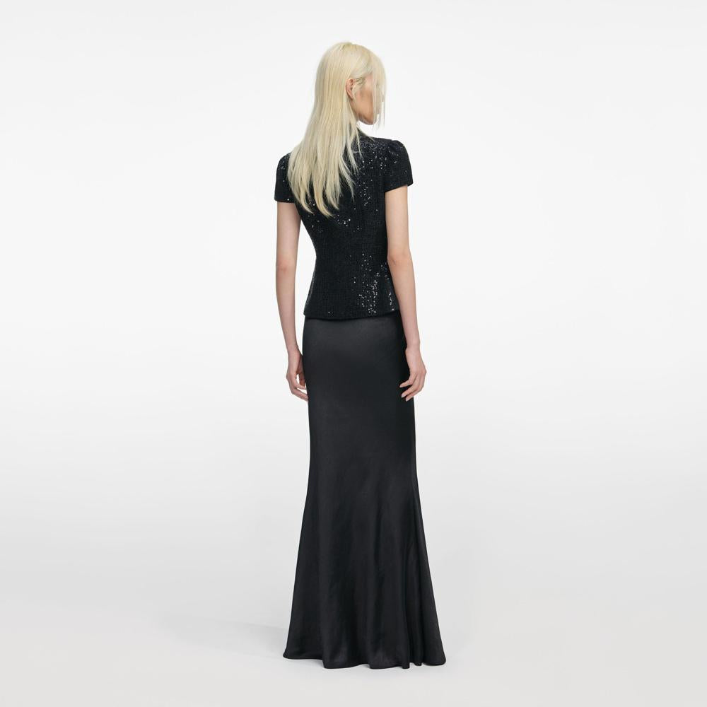 SP VIP PRICE Black Sequin Boucle Satin Maxi Dress
