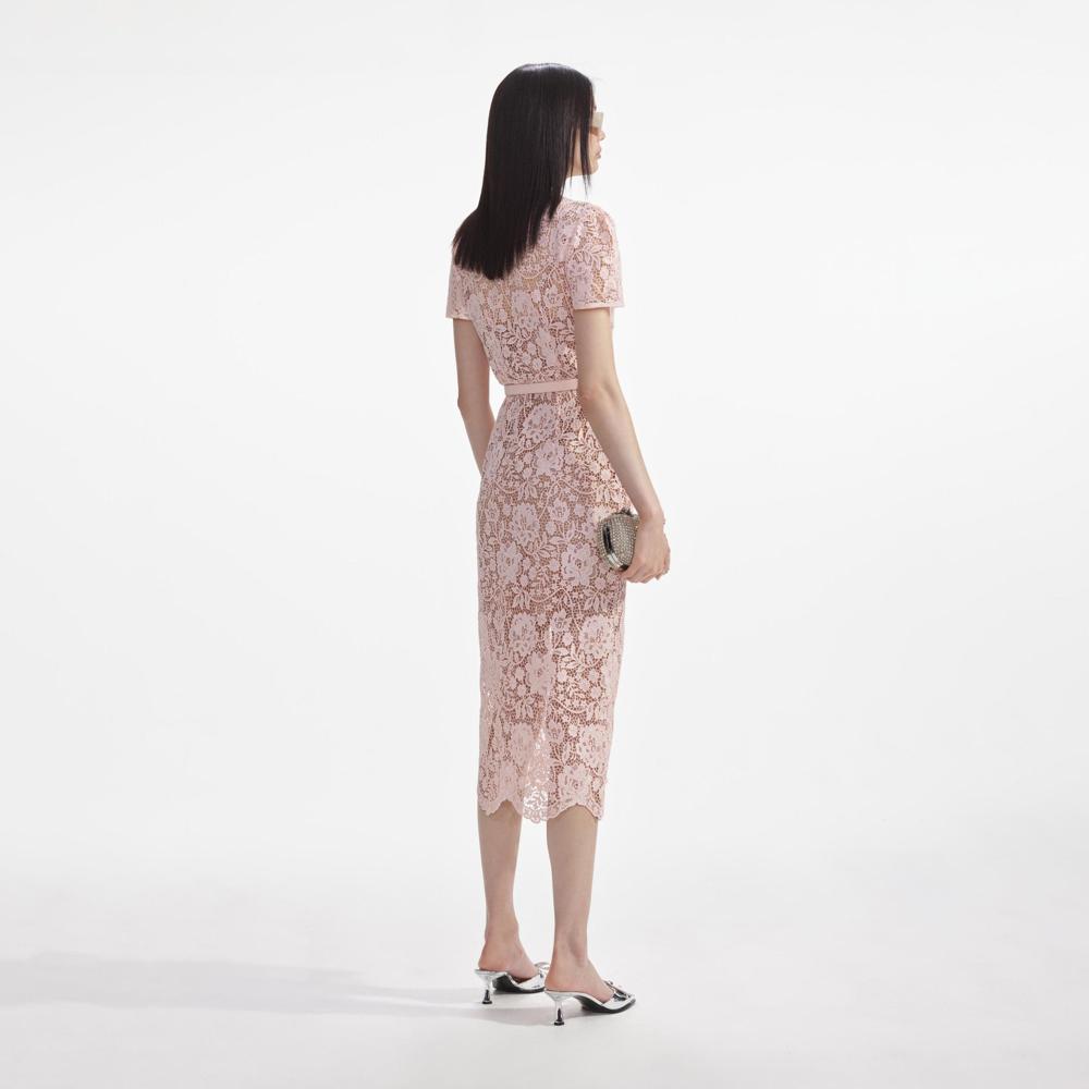 SELF PORTRAIT SS24 Pink Lace Diamante Bow Midi Dress