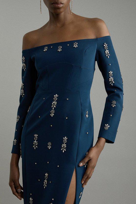 Karen Millen UK SALE Crystal Embellished Corset Detail Bardot Woven Midaxi Dress - navy