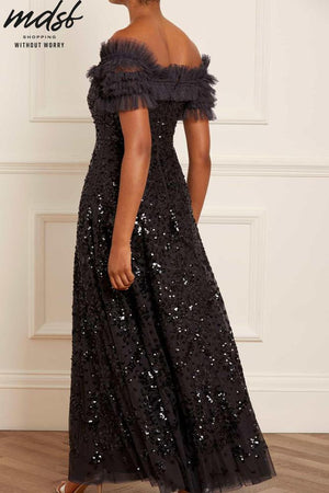 Needle & Thread CHRISTMAS SALE Sequin Wreath Off-Shoulder Gown - black