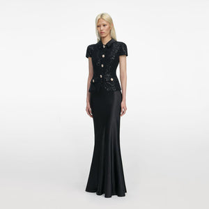 SP VIP PRICE Black Sequin Boucle Satin Maxi Dress