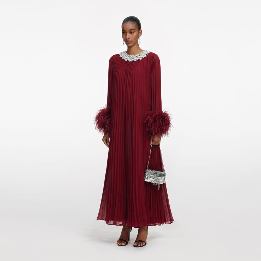 SP VIP PRICE Burgundy Chiffon Feather Midi Dress