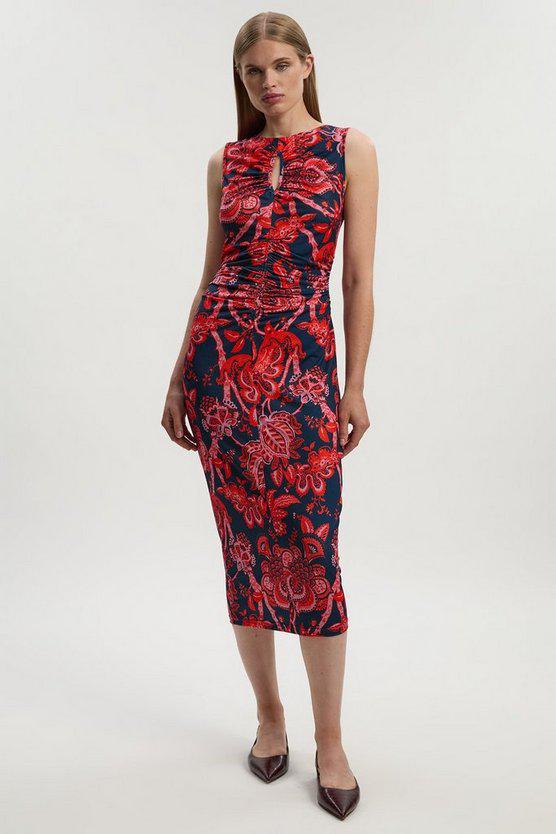 Karen Millen UK SALE Paisley Floral Jersey Crepe Cut Out Neck Midi Dress