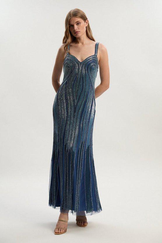 Karen Millen UK SALE Beaded Contour Sweet Heart Neckline Woven Maxi Dress - blue