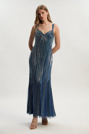 Karen Millen UK SALE Beaded Contour Sweet Heart Neckline Woven Maxi Dress - blue
