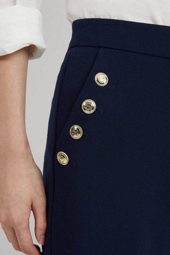 Karen Millen UK SALE Compact Stretch Tailored Button Detail Wide Leg Trousers - navy