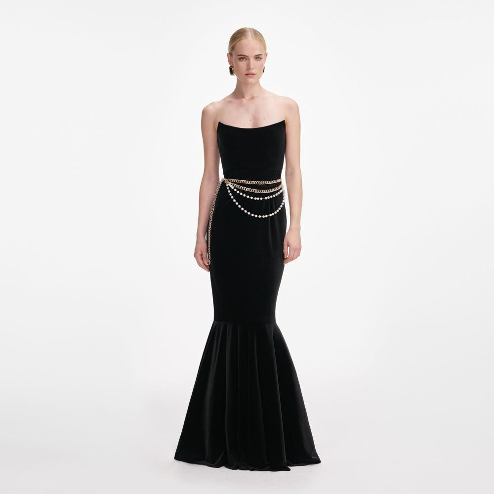 SP VIP PRICE Black Velvet Chain Belt Maxi Dress