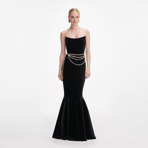SP VIP PRICE Black Velvet Chain Belt Maxi Dress
