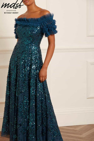 Needle & Thread CHRISTMAS SALE Sequin Wreath Off-Shoulder Gown - blue