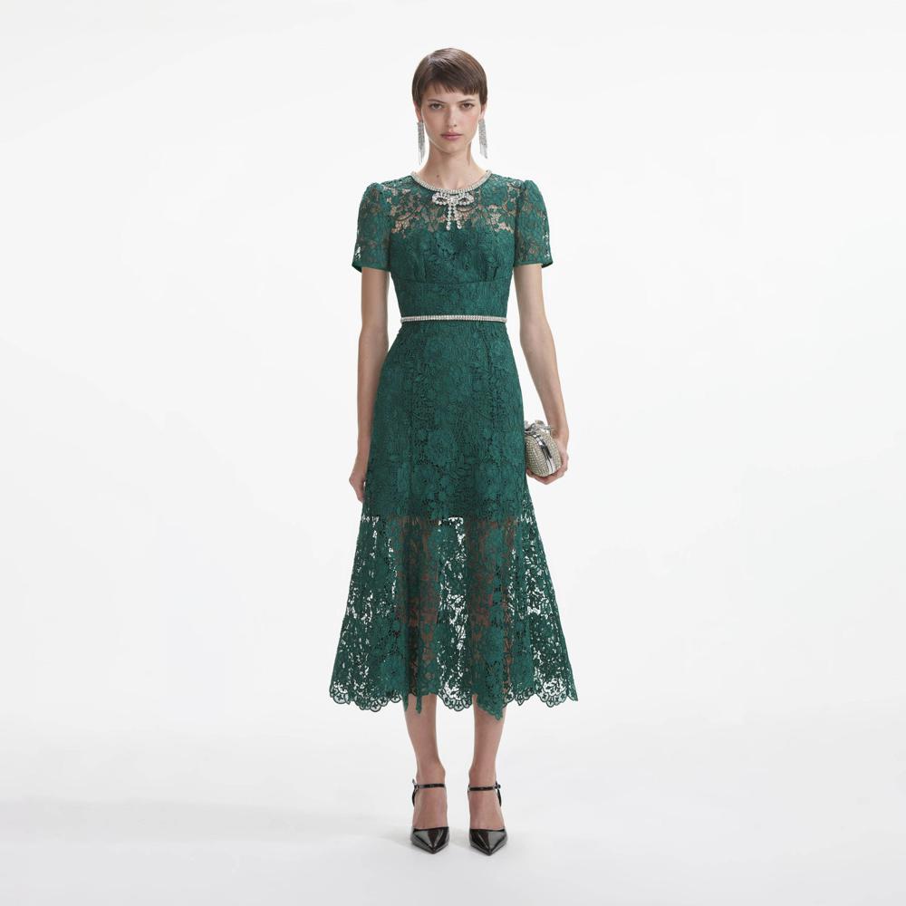 SELF PORTRAIT SS24 Green Lace Diamante Bow Midi Dress