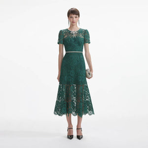 SELF PORTRAIT SS24 Green Lace Diamante Bow Midi Dress