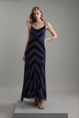 Karen Millen UK SALE Tall Fringed Velvet Devore Woven Maxi Dress