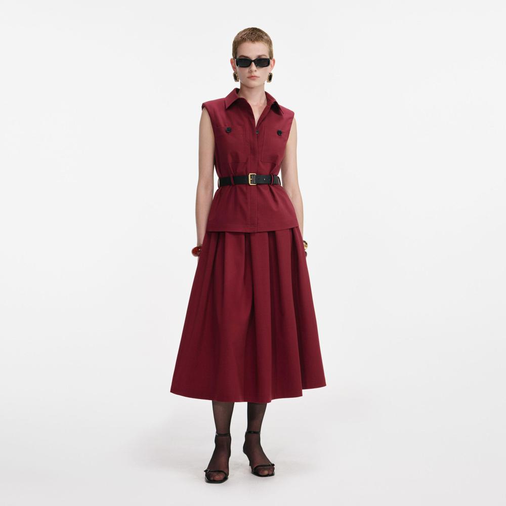 SP VIP PRICE Burgundy Twill Belted Midi Dress