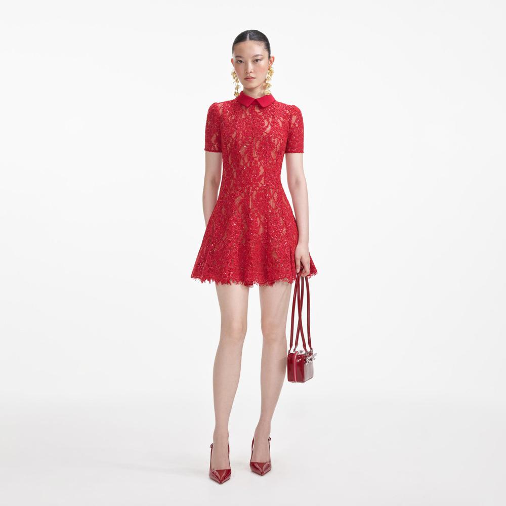 SELF PORTRAIT SS24 Red Sequin Lace Mini Dress