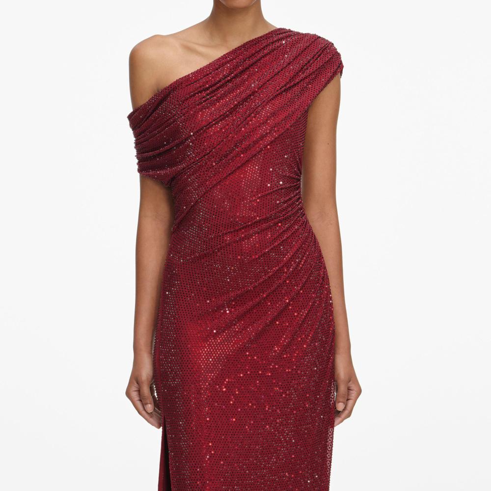 SP VIP PRICE Burgundy Rhinestone Drape Midi Dress
