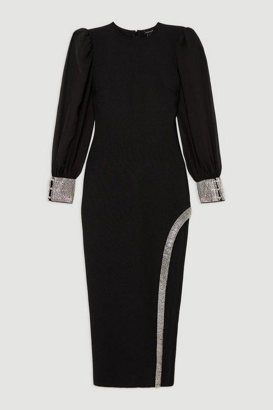 Karen Millen UK SALE Figure Form Bandage Knit Embellished And Chiffon Sleeve Midaxi Dress - black