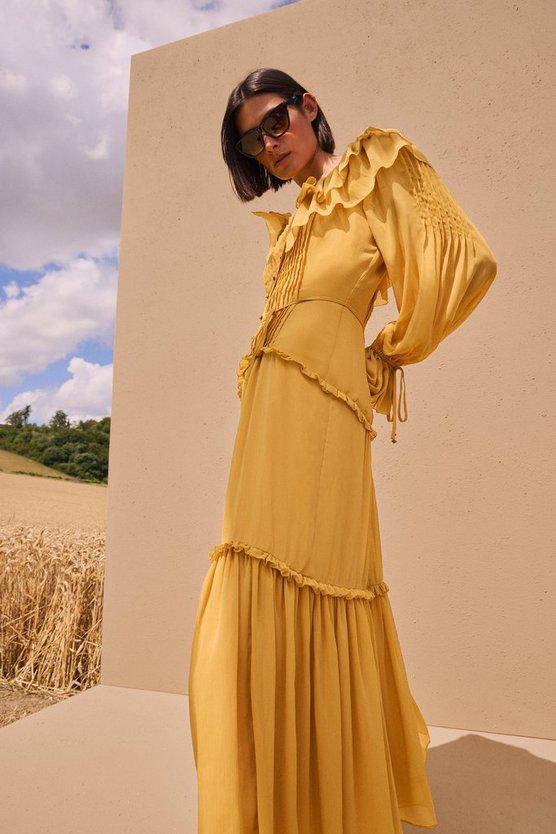 Karen Millen UK SALE Georgette Ruffle Woven Maxi Dress - ochre