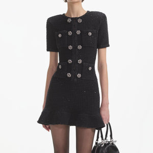 SELF PORTRAIT SS24 Black Knit Buttoned Mini Dress