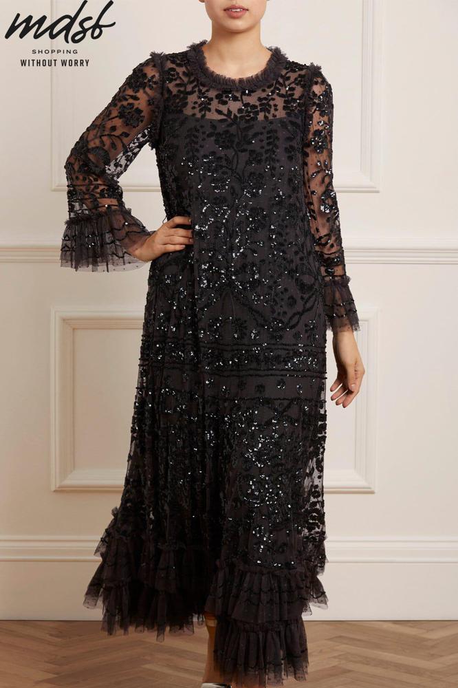 Needle & Thread CHRISTMAS SALE Celia Long Sleeve Ankle Gown - black