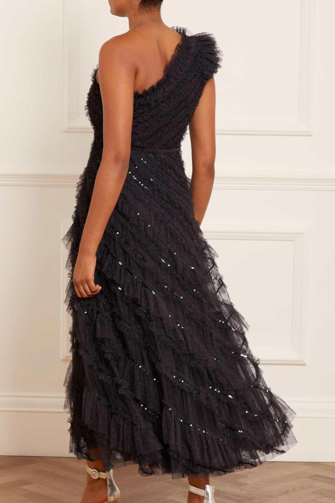 Needle & Thread SPRING/SUMMER Spiral Sequin One-Shoulder Ankle Gown - black