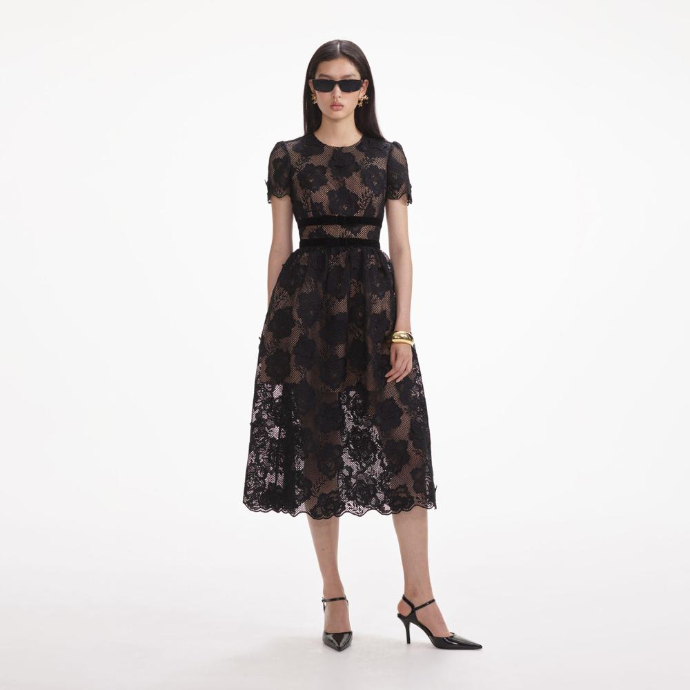 SELF PORTRAIT VIP SS24 Black Lace Velvet Bow Midi Dress