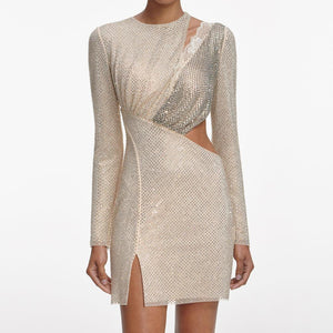 SP VIP PRICE Champagne Rhinestone Lace Trim Mini Dress