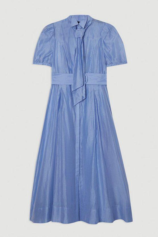 Karen Millen UK SALE Organdie Tie Neck Woven Midi Dress - light blue