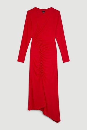 Karen Millen UK SALE Jersey Crepe Ruched Long Sleeve Midi Dress - red